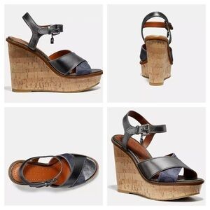 Coach Cross Band High Wedge Sandal size 8.5 B silver/tan